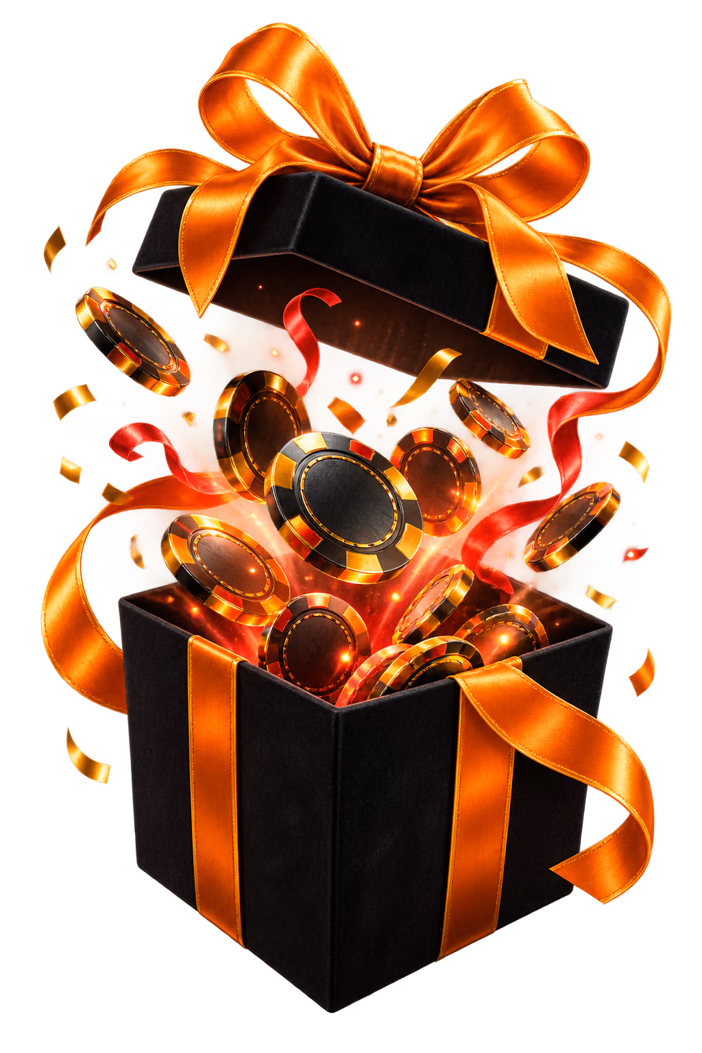Black gift box with gold ribbon and casino chips